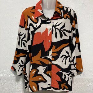 Le Streghe Womens Button up shirt 3/4 sleeves Floral Fall Leaves Italy Size M